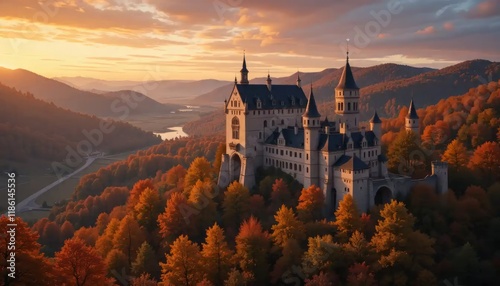 Majestic Hohenzollern Castle at Sunset: Autumnal Landscape in Germany photo