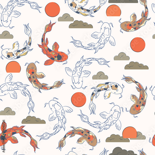 Seamless pattern with koi fish, sun and clouds, modern illustration. Pattern with hand drawn koi fish.