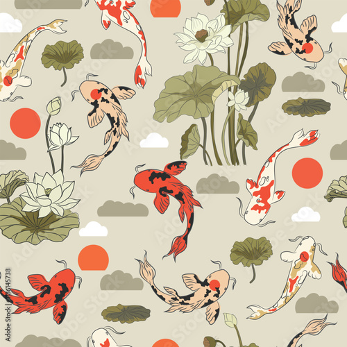 Seamless pattern with fish koi, lotus flower, sun and cloud.