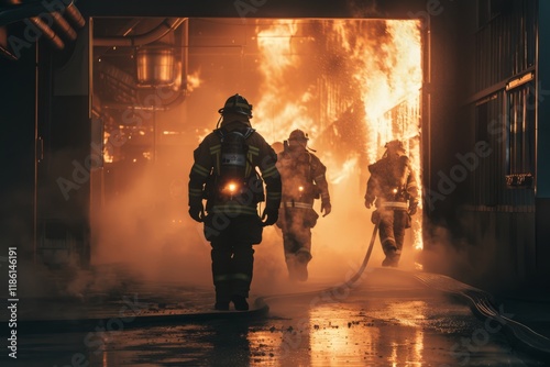 Firefighters Entering Burning Building with Alertness photo