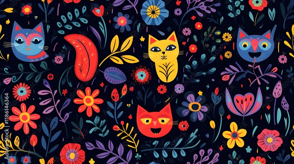 some cute cat are in a floral pattern in the style some cute cat are in a floral pattern in the style