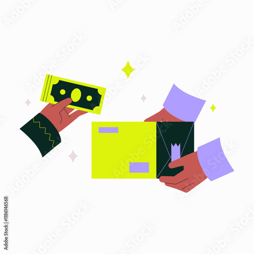 Hand Holding Cash And Package In Flat Vector Illustration Symbolizing Payment, Purchase, And Cash Transaction, Isolated On White Background
