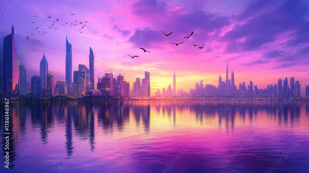 Fototapeta premium Sunset city skyline architecture near waterfront, modern megapolis with buildings skyscrapers reflecting in water surface under cloudy purple and pink sky with birds. Cartoon vector illustration