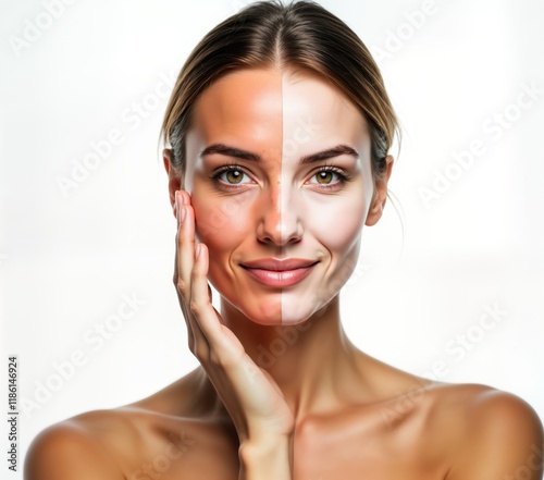 Woman with contrasted skin tones shows skin care result. One side of face tanned. Side of face moisturized. Comparison of skin health improvement. Healthy face. Beauty treatment result. Skin photo