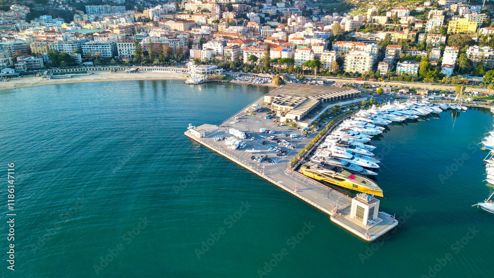 Fototapeta premium Sanremo, Italy. Aerial view of city port and skyline