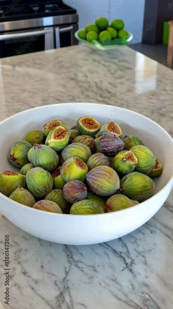 Fresh figs in a white bowl on a marble countertop in a modern kitchen during daylight hours Fresh figs in a white bowl on a marble countertop in a modern kitchen during daylight hours