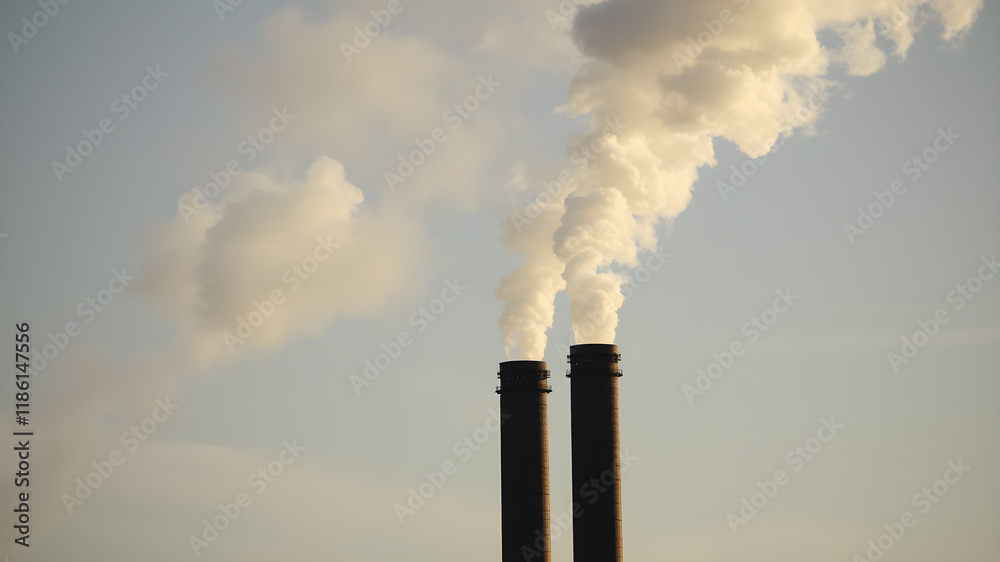 Smoke emissions from two factory chimneys causing air pollution. Generative AI Smoke emissions from two factory chimneys causing air pollution. Generative AI
