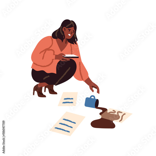 Sad office worker drops cup, spills coffee on papers in chaos. Employee with stress does fail, failures in work. Confused woman made mistake. Flat isolated vector illustration on white background