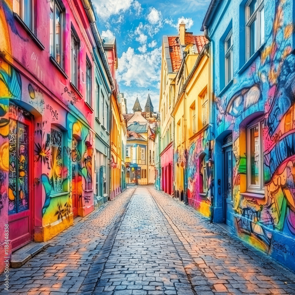 Fototapeta premium Cobblestone street lined with vibrantly painted buildings, showcasing urban art.