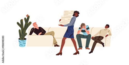Overloaded employee, office worker works instead lazy or exhausted colleagues with burnout. Bad management, organization of teamwork, problems in team. Flat isolated vector illustration on white