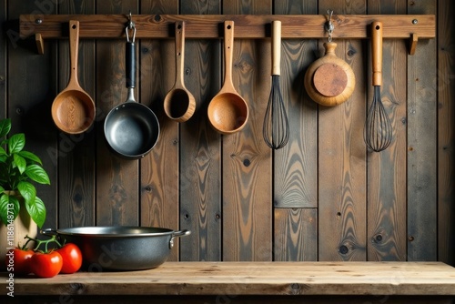 Wooden platform with hanging kitchen utensils and pots, rustic, culinary