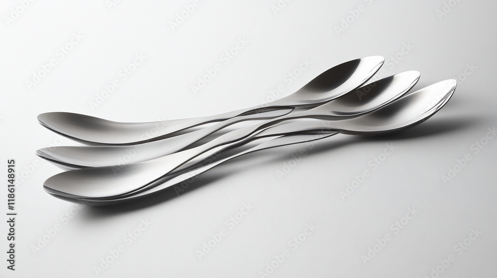 Four modern, curved spoons neatly stacked on a white background. Four modern, curved spoons neatly stacked on a white background.