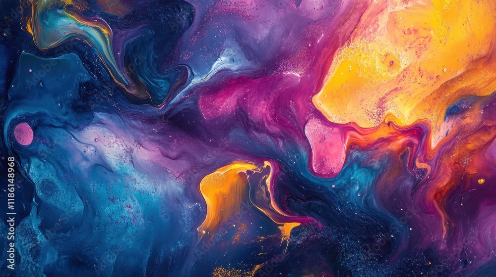 Fototapeta premium Abstract Swirling Purple, Blue, and Yellow Paint