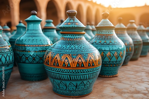 Vibrant blue and orange handmade ceramic pottery on display.