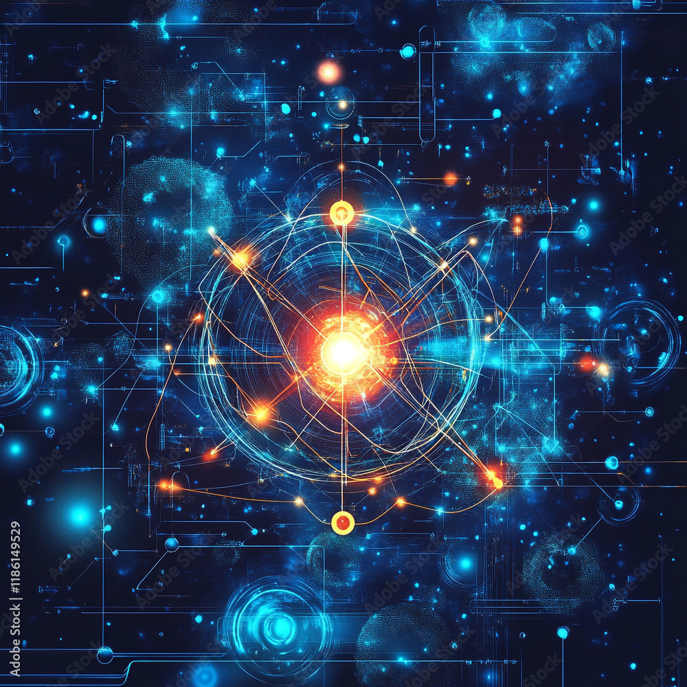 Obraz premium Complex patterns of atomic structures with luminous energy and colorful elements