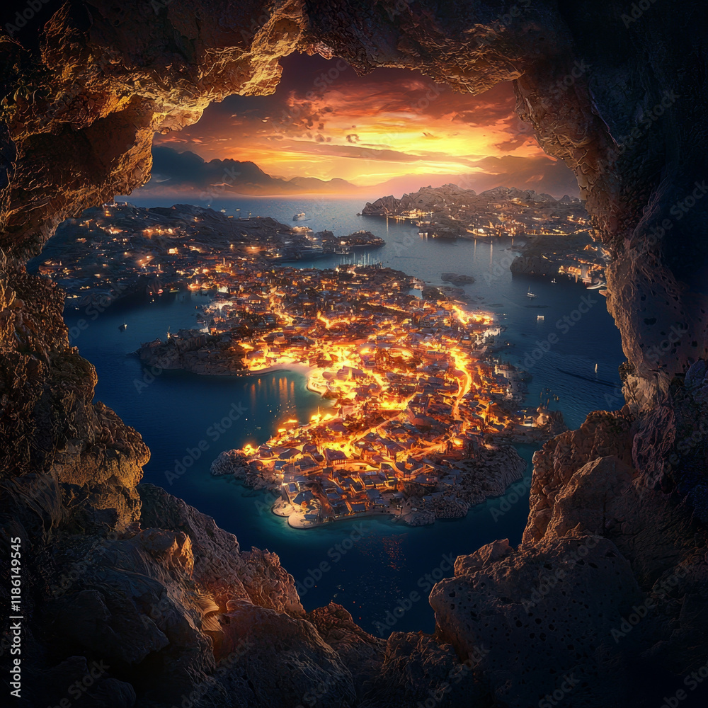 Fototapeta premium Sunset over coastal town, viewed from a cave.
