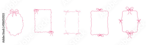 Romantic coquette ribbon frame, wedding ornate curly border collection. Hand drawn doodle sketch girly retro decorations.