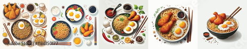 vector set of egg noodle and fried chicken dishes