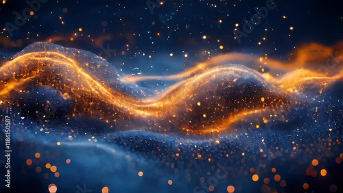 A glowing wave of golden and blue particles forming a fluid dynamic pattern, representing futuristic abstract art