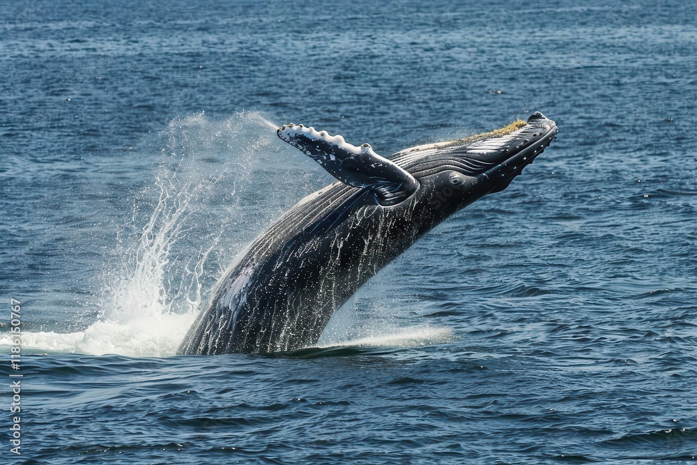 Fototapeta premium A humpback whale breaches the surface, showcasing its majestic form and splashing water around.