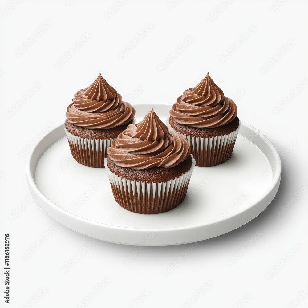 Three chocolate cupcakes with swirls of frosting on a white plate. (1) Three chocolate cupcakes with swirls of frosting on a white plate. (1)