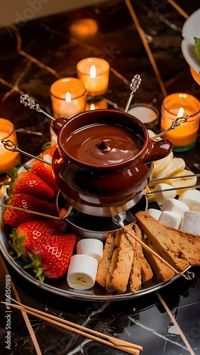 Decadent Chocolate Fondue with Dipping Fruits, Marshmallows, and Biscotti photo