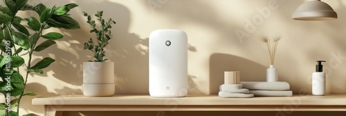 Sanitizer droplets effectively eliminate bacteria in a clean indoor setting with plants and neutral tones. Generative AI