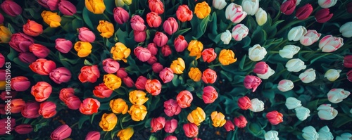 Aerial view of a colorful tulip field in full bloom, vibrant floral landscape, breathtaking natural beauty.