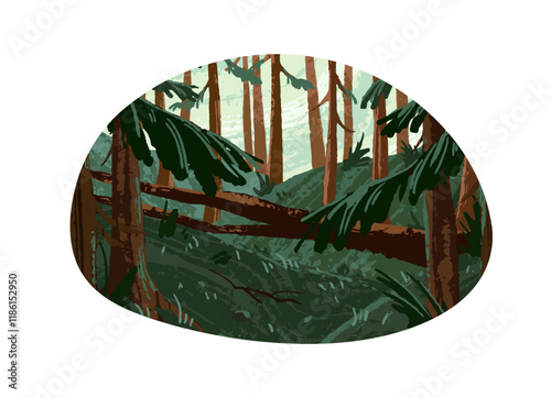 Forest landscape with pines, spruces, fir trees. Drawing woodland scenery. Conifers, green woods in solitude, calmness. Wild nature. Flat isolated hand drawn vector illustration on white background