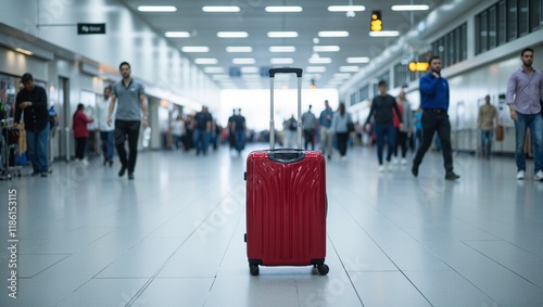 Lonely red hardshell luggage at airport gates amid bustling crowd shiny against gray floor photo