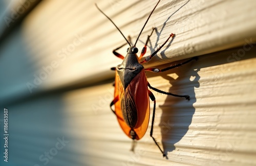 Closeup view of stink bug on siding. Pest clings to outdoor house surface. Autumn sunlight casts shadow. Small insect with orange-brown body, black details. Details of bug legs, antennae visible. photo