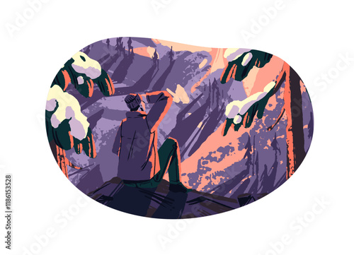 Hiker climbed on cliff and looking at sunrise, sunset above mountains. Calm tourist is in winter travel back view. Snow nature, rock landscape. Flat isolated vector illustration on white background