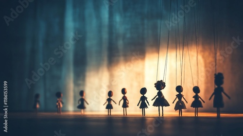 Silhouetted marionettes on strings in a dimly lit theater, creating a mysterious and dramatic scene. photo