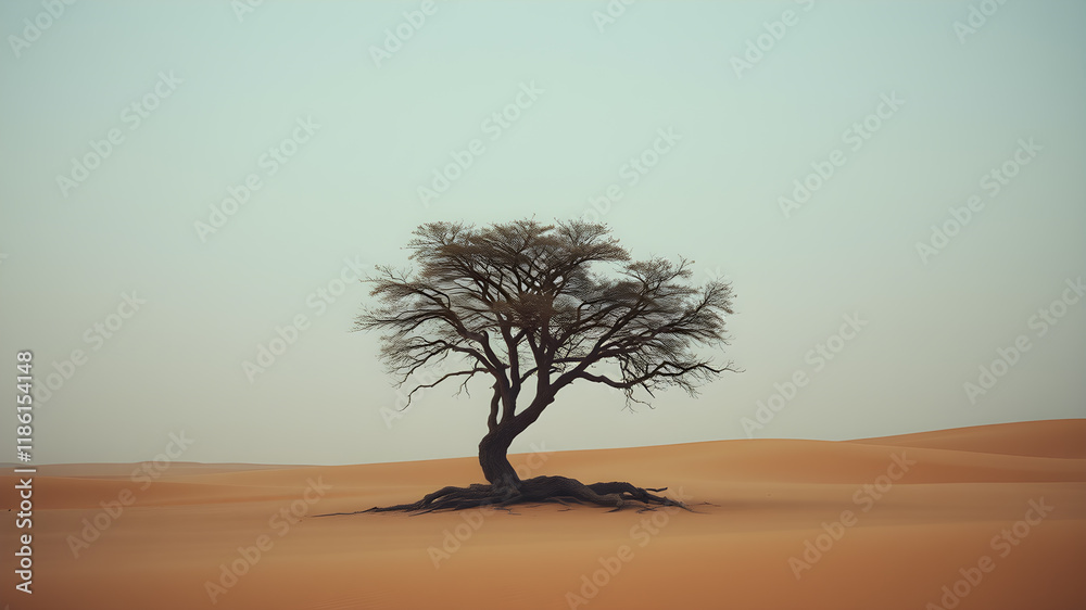 Fototapeta premium Lonely tree in arid land. Generative AI