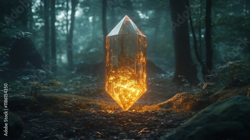 Mystical crystal glowing in an enchanted forest surrounded by rocks and ether...