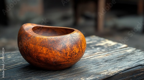 Artisan crafted wooden bowl resting on a rustic wooden table in outdoor setting