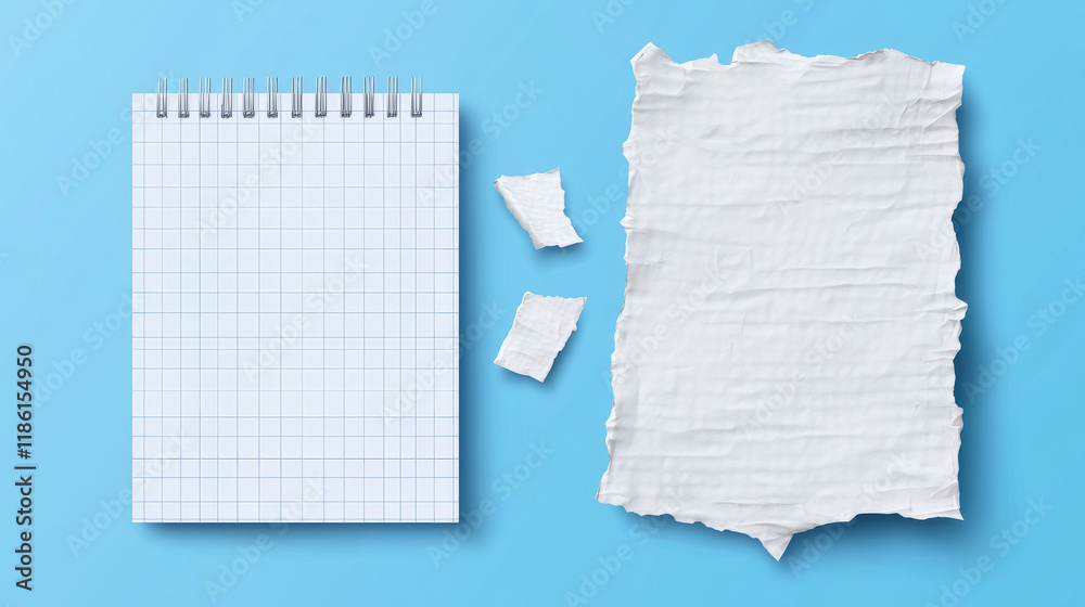 Torn notebook paper with wrinkles. Crumpled white sheet with checkered pattern. Realistic 3d vector illustration set of wrinkled blank scrapbook and collage design material. Memo note mockup. Torn notebook paper with wrinkles. Crumpled white sheet with checkered pattern. Realistic 3d vector illustration set of wrinkled blank scrapbook and collage design material. Memo note mockup.