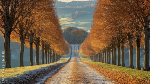 Serene gravel road lined with trees in a peaceful countryside landscape durin...