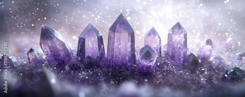 Amethyst crystals, enchanting purple gems, glimmering with light, set against a mystical, foggy background filled with sparkling particles, creating an otherworldly