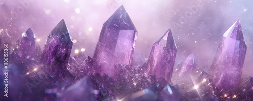 Amethyst crystals, enchanting purple gems, glimmering with light, set against a mystical, foggy background filled with sparkling particles, creating an otherworldly