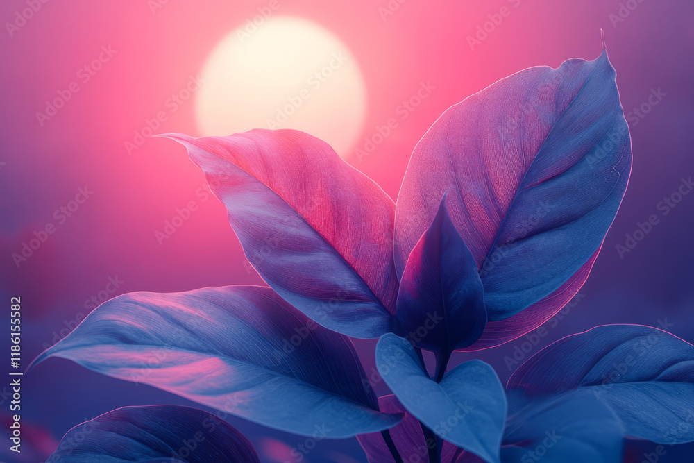 Obraz premium A minimal composition featuring a pair of philodendron leaves before a hazy circular sun tinted with peach-lavender,
