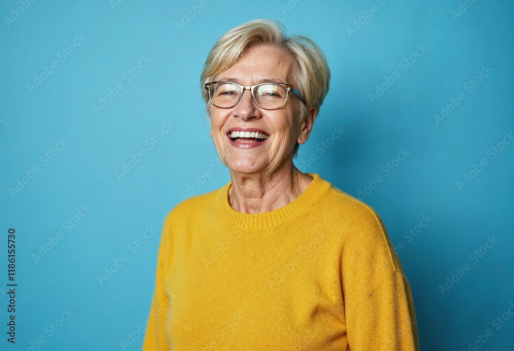 Portrait of a gray-haired mature woman in a yellow sweater on a blue background Portrait of a gray-haired mature woman in a yellow sweater on a blue background