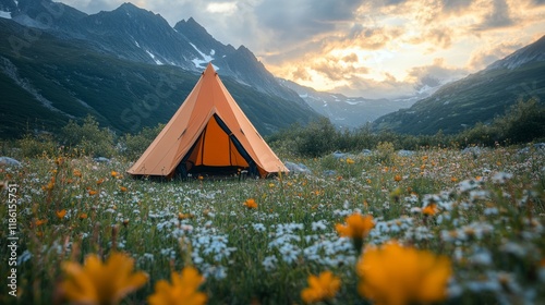 Camping in a beautiful meadow with a tent surrounded by wildflowers and mount...