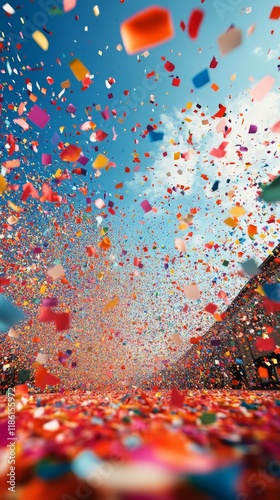 Colorful confetti celebration in vibrant atmosphere at outdoor event under cl...