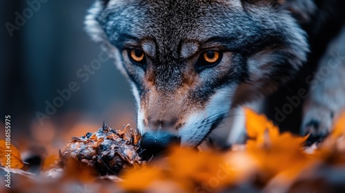 A striking close-up photo of a wolf with piercing eyes, surrounded by vibrant autumn leaves, conveying the majesty and wilderness of nature's beauty and ferocity.