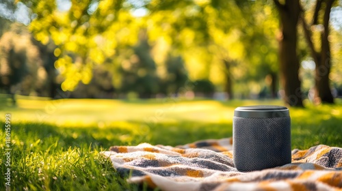 Portable Speaker Rests On Blanket In Sunny Park