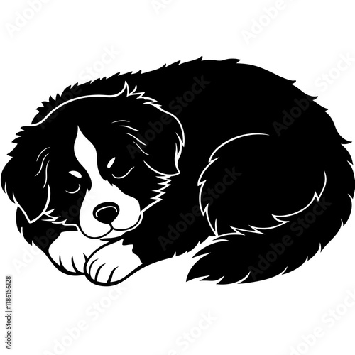 bernese mountain dog black silhouette vector, dog sleeping vector, Simple silhouette Design vector icon with white background.