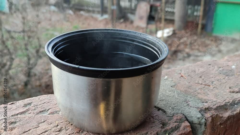 Tea is steaming in a travel mug, close-up Tea is steaming in a travel mug, close-up