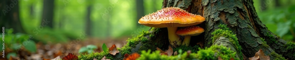 Fototapeta premium Exposed tree trunk with large wild mushroom growth, wood, fungus, greenery