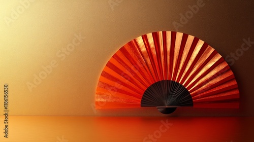 Decorative red fan against a golden background showcasing traditional craftsm...